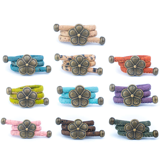 Colored Cork cord and bronze Flowers alloy hardware handmade women's ring  RW-044-MIX-10