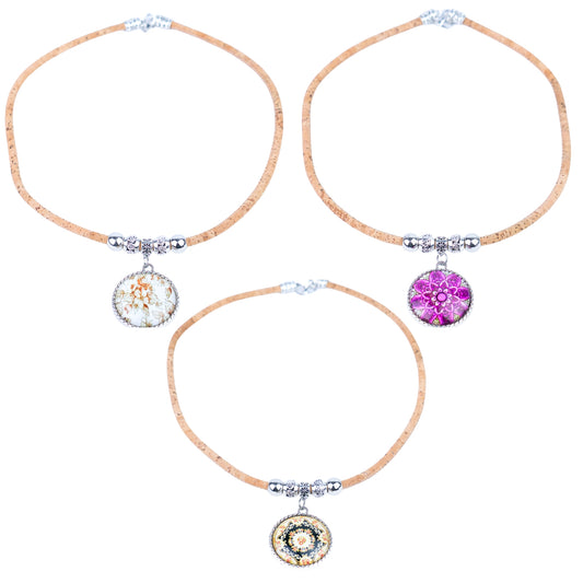 Portuguese Handmade Cork Necklace | Round Colored Pattern Applique | Natural Cork Thread NE-1041-MIX-3-RANDOM