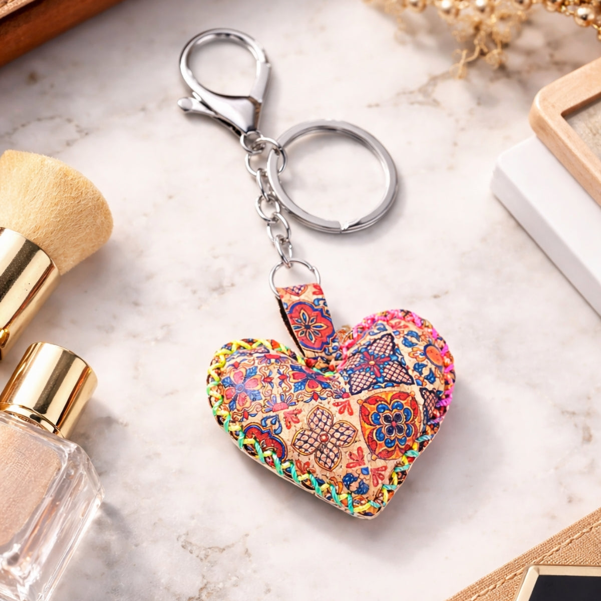 12 PCS Cork Heart Keychain Set - Colorful Mosaic Vegan Leather Charms