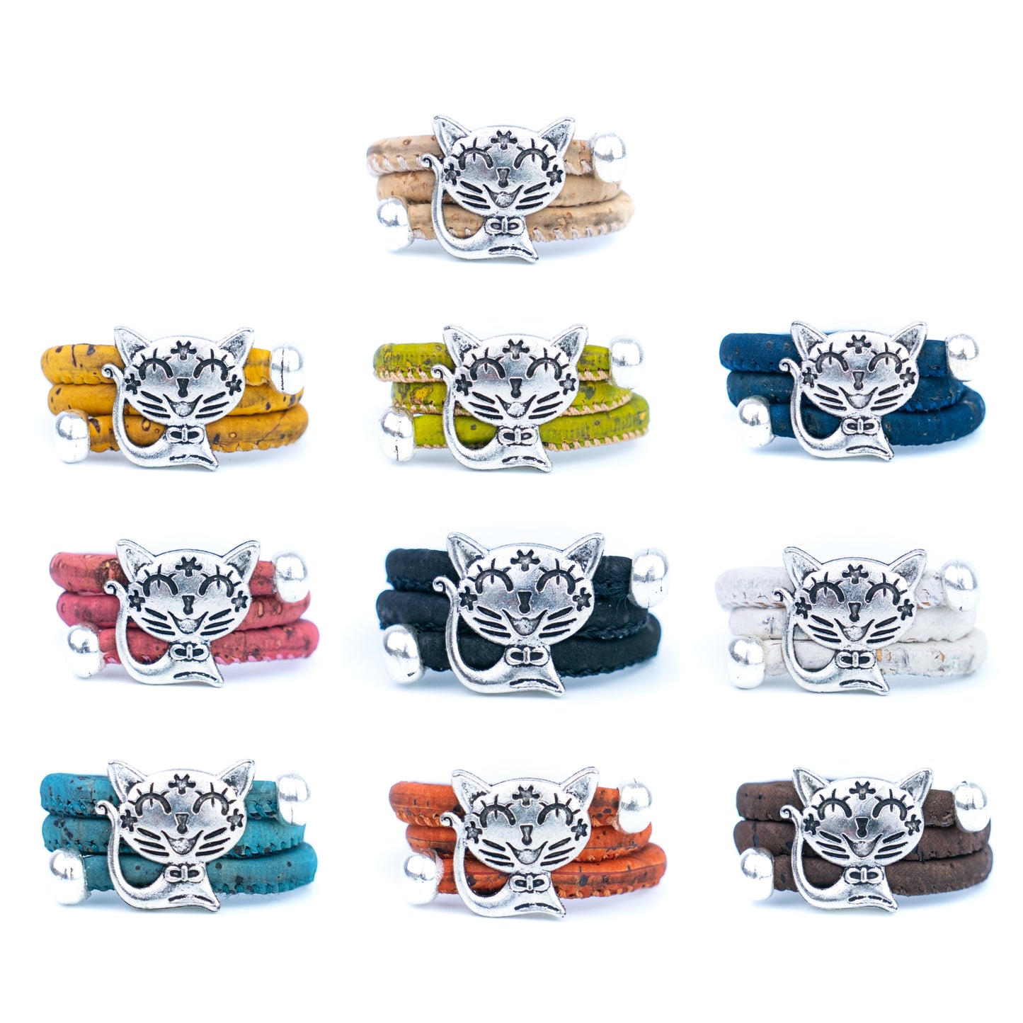 Cute Cat Cork Wrap Ring – Adjustable Portuguese Cork Ring with Alloy Charm RW-023-MIX-10