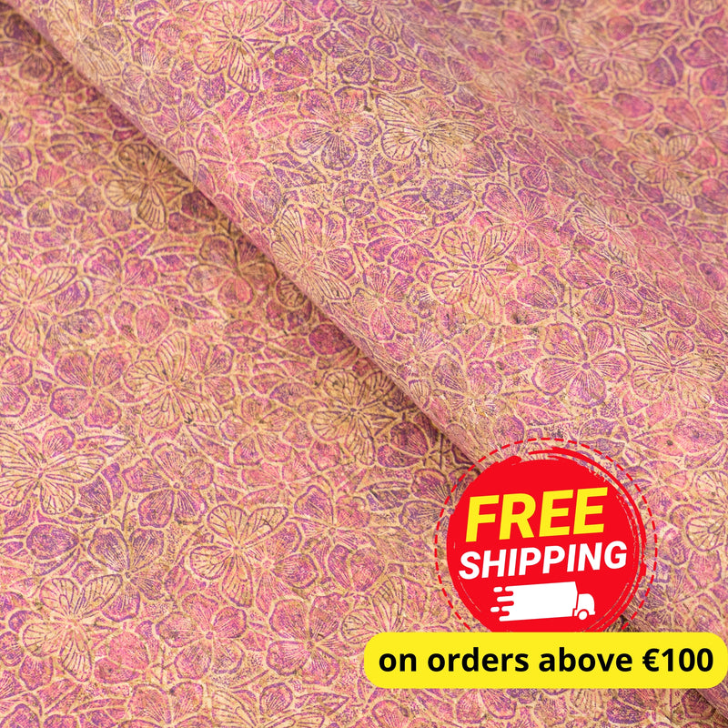 Embossed Cork Fabric – Pink & Purple Floral Butterfly Pattern COF-638