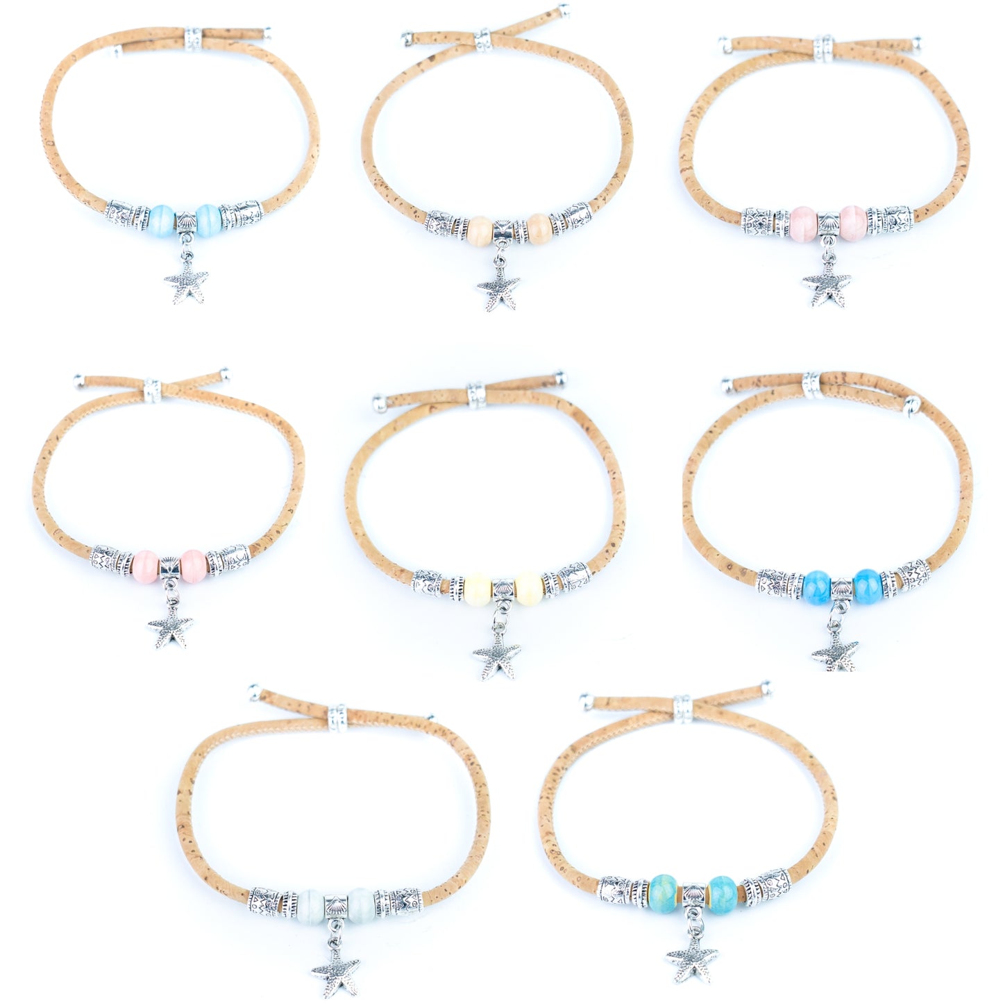 Portuguese Handmade Adjustable Cork Bracelet with Ceramic Beads & Starfish Charm -  BR-540-MIX-8