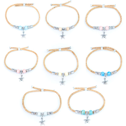 Portuguese Handmade Adjustable Cork Bracelet with Ceramic Beads & Starfish Charm -  BR-540-MIX-8