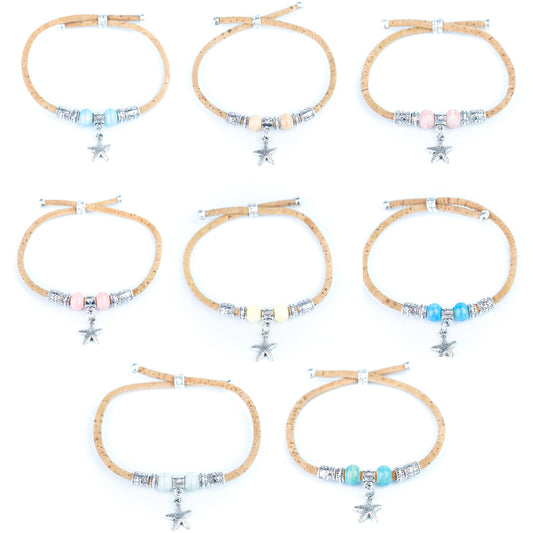Portuguese Handmade Adjustable Cork Bracelet with Ceramic Beads & Starfish Charm -  BR-540-MIX-8