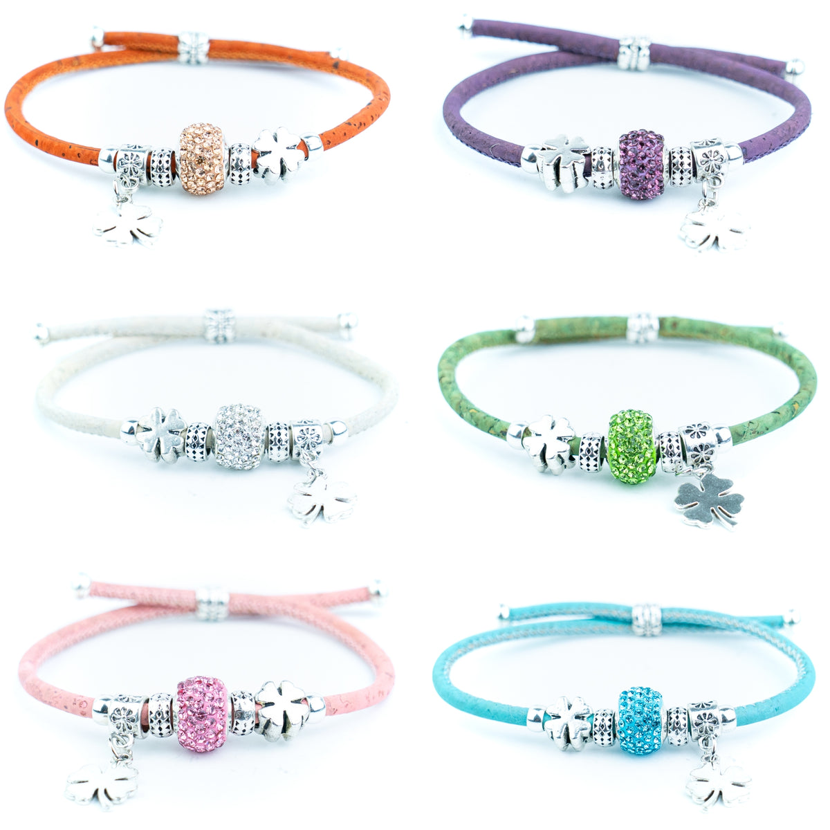 Portuguese Handmade Colored Cork Bracelet with Rhinestone Bead &amp; Four-Leaf Clover CharmsDBR-063-MIX-6