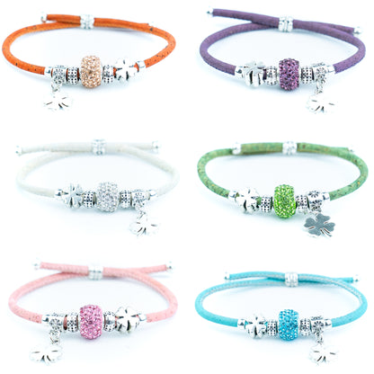Portuguese Handmade Colored Cork Bracelet with Rhinestone Bead &amp; Four-Leaf Clover CharmsDBR-063-MIX-6