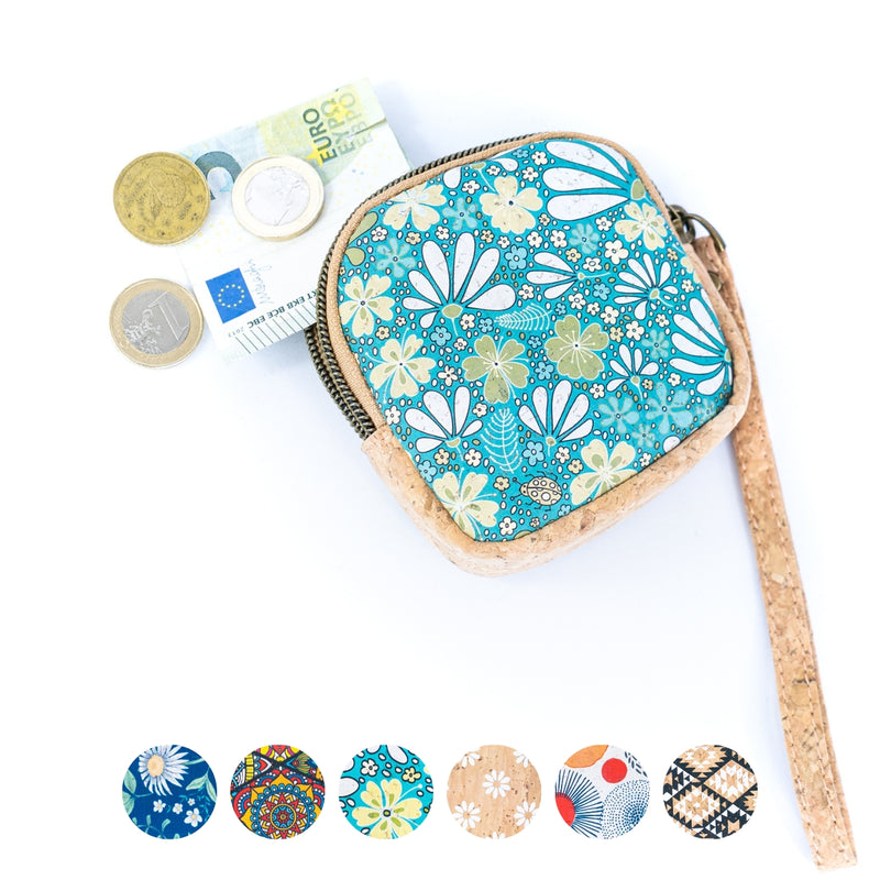Square Cork Coin Purse with Wrist Strap – Floral Pattern BAG-2377
