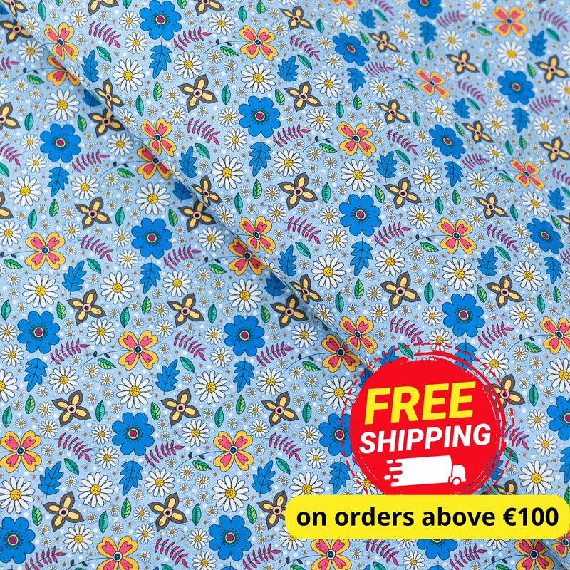 Blue Floral Cork Fabric COF-651