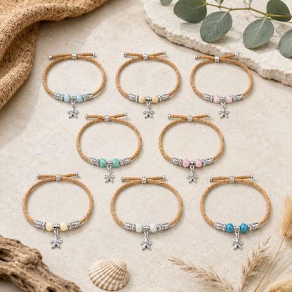 Portuguese Handmade Adjustable Cork Bracelet with Ceramic Beads & Starfish Charm -  BR-540-MIX-8