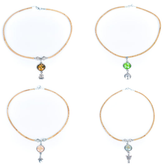 Handmade Natural Cork Necklace with Natural Dried Flower Pendant N-155-MIX-4