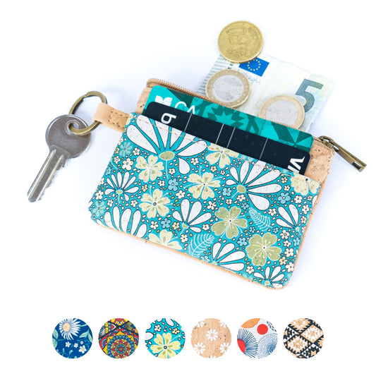 Small Cork Coin Purse with Key Ring – Floral Print Women's Wallet BAG-2378
