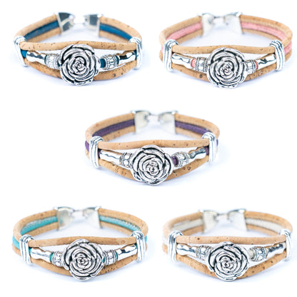 Natural cork cord and alloy hardware rose flower handmade women's bracelet  BR-451-MIX-5