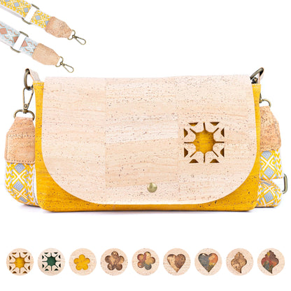 Cork Crossbody Bag with Interchangeable Snap Charm | Natural & Yellow Cork Shoulder Bag BAGP-365