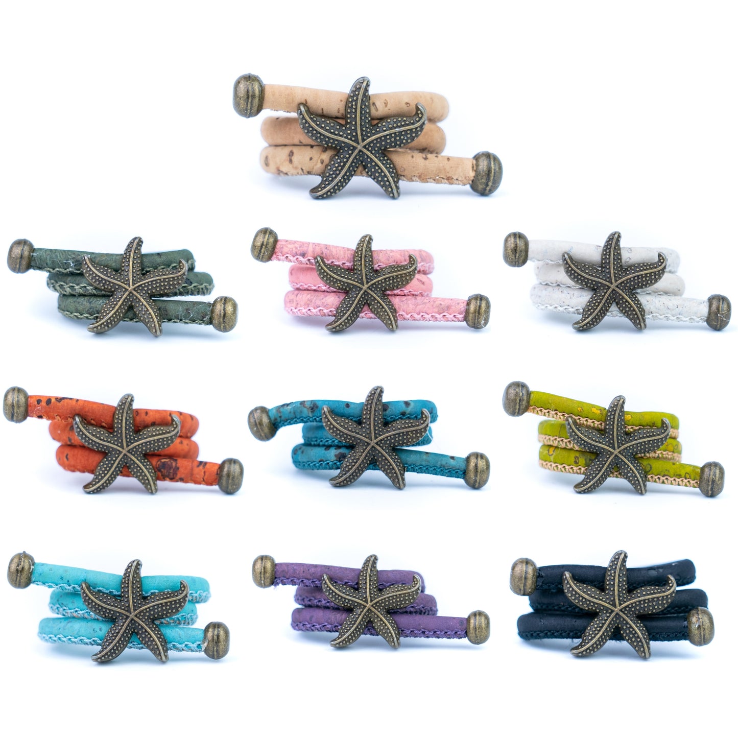 Handcrafted women's ring with natural cork cord and bronze starfish alloy hardware  RW-042-MIX-10