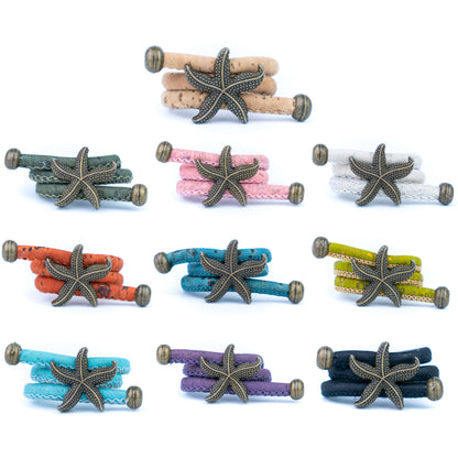 Handcrafted women's ring with natural cork cord and bronze starfish alloy hardware  RW-042-MIX-10