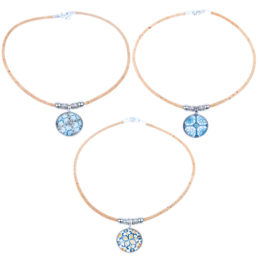 3mm cork code  Handmade Cork Necklace | Round Colored Pattern Applique | Natural Cork Thread NE-1042-MIX-3-RANDOM