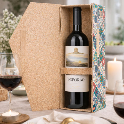 Cork Wine Gift Box | Boho Tile Print, Hexagonal Flip-Top & Cork Interior — L-1190
