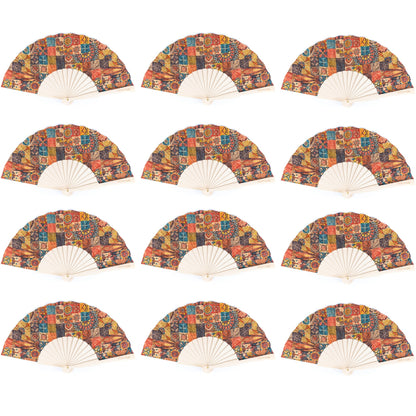12units-Cork Antique Wooden Folding Hand Fan  L-1108
