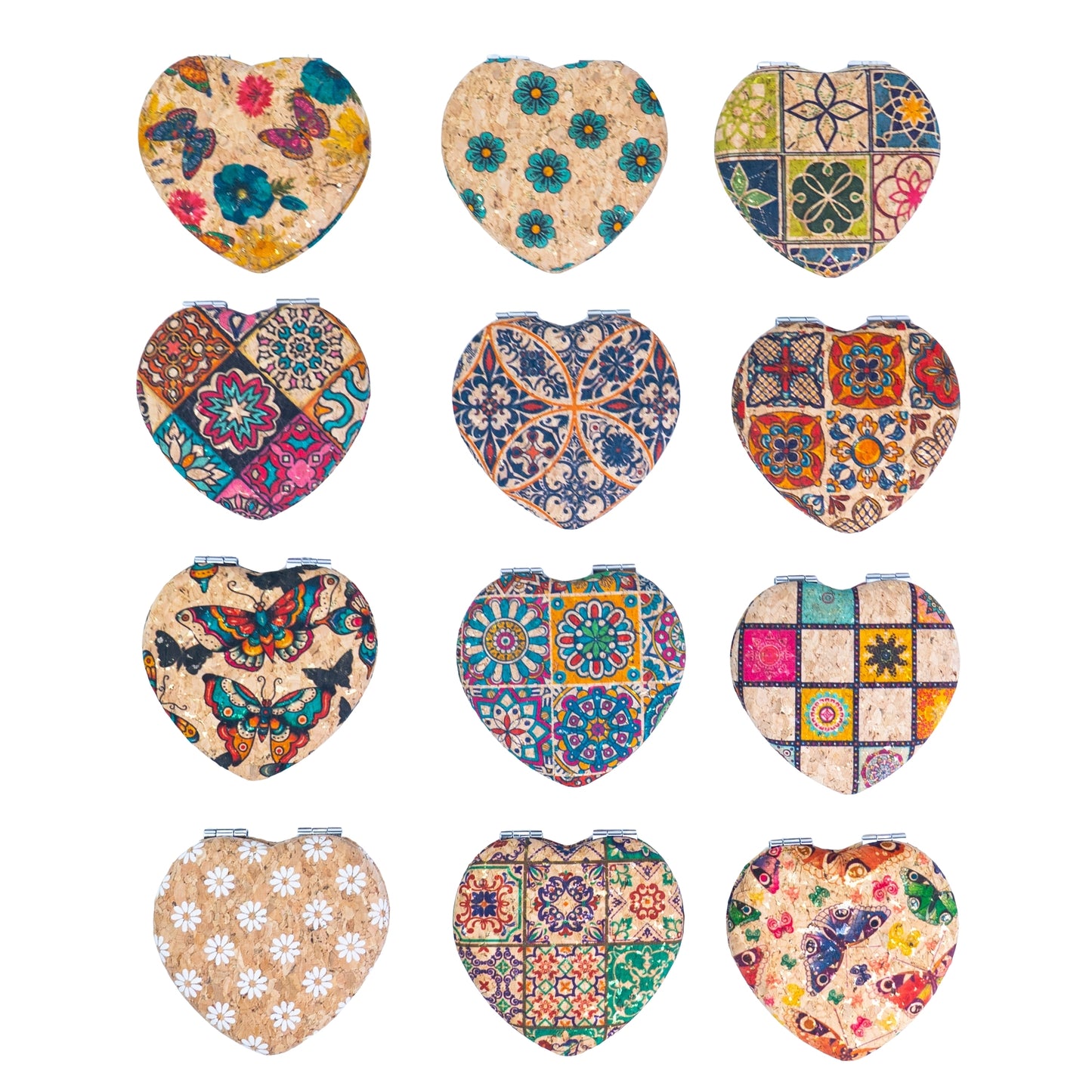 12pcs | Cork Compact Mirror Dual Mirror — Round & Heart Shape L-1194