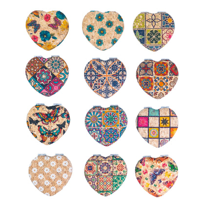 12pcs | Cork Compact Mirror Dual Mirror — Round & Heart Shape L-1194