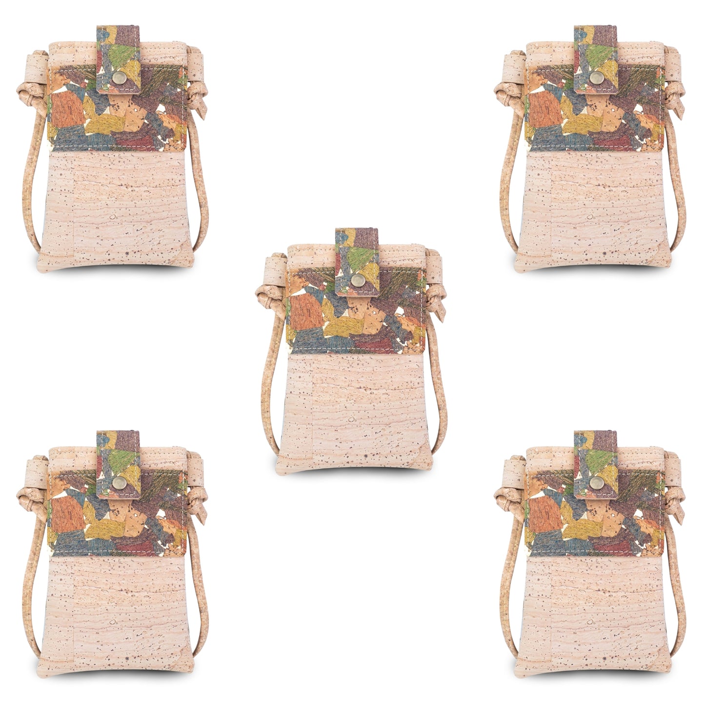 5pcs | Cork Phone Crossbody Bag | Patchwork Flap, Snap Closure & Cork Rope Strap BAGP-371