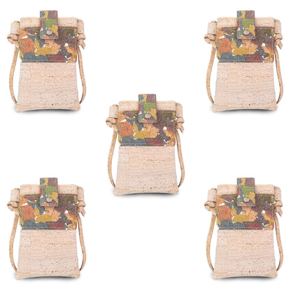 5pcs | Cork Phone Crossbody Bag | Patchwork Flap, Snap Closure & Cork Rope Strap BAGP-371