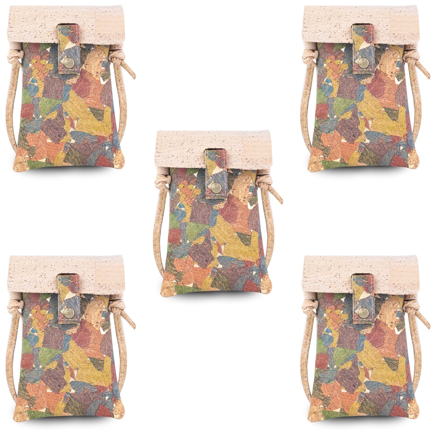 5pcs | Cork Phone Crossbody Bag | Multicolor Patchwork, Snap Closure & Cork Strap BAGP-370
