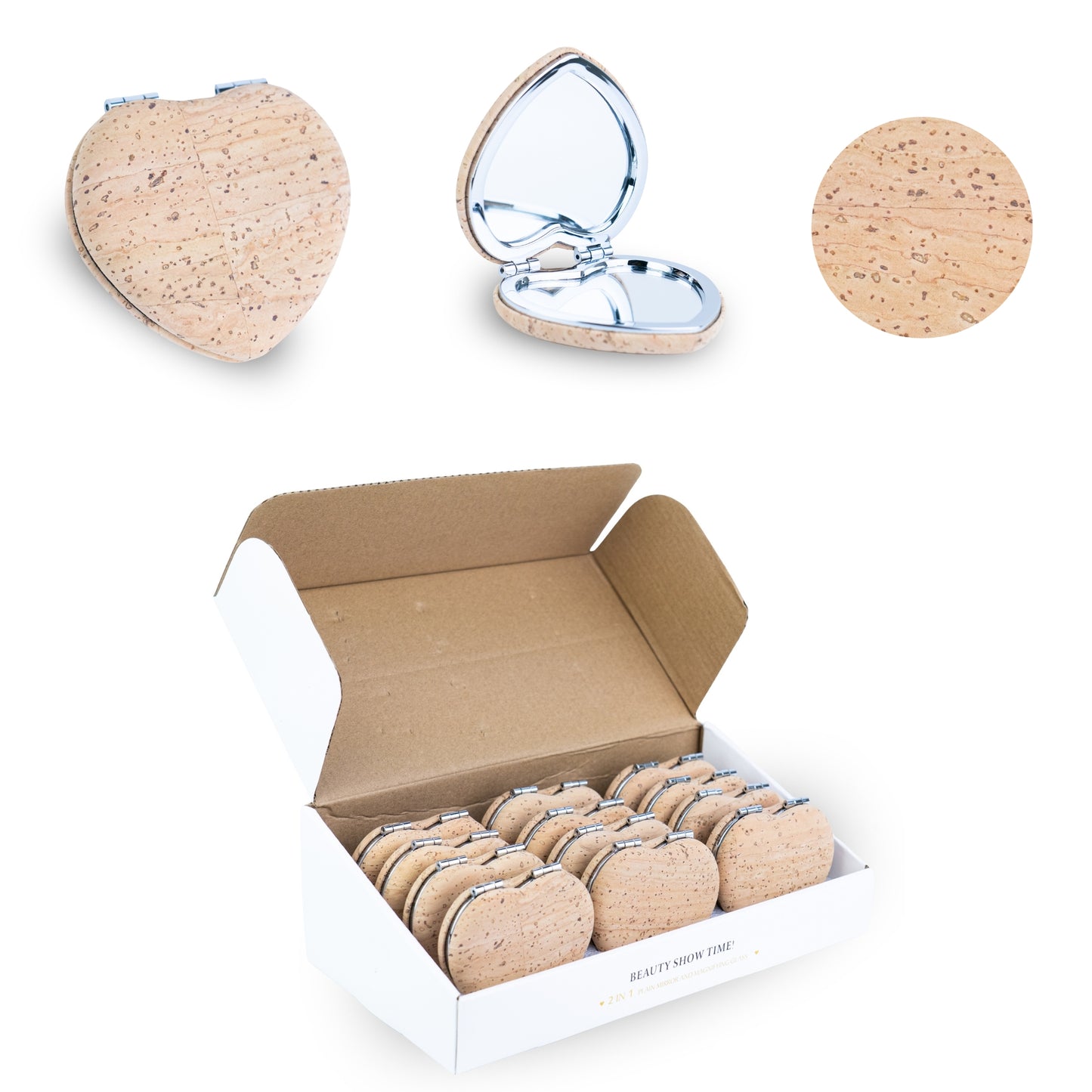 Thick Heart-Shaped Cork Compact Mirror – Double-Sided (12-Pack)L-1212-12