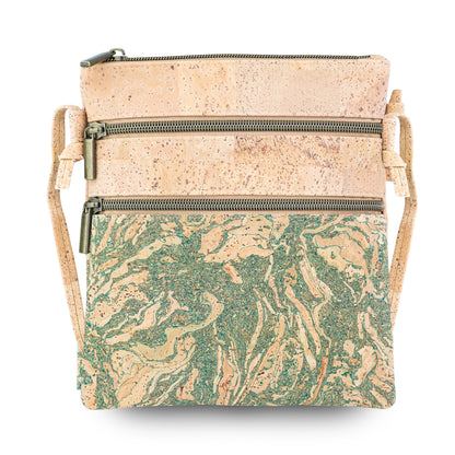 Natural Cork Double Zip Crossbody Bag for Women – Floral Print Vegan Shoulder Purse BAG-2401