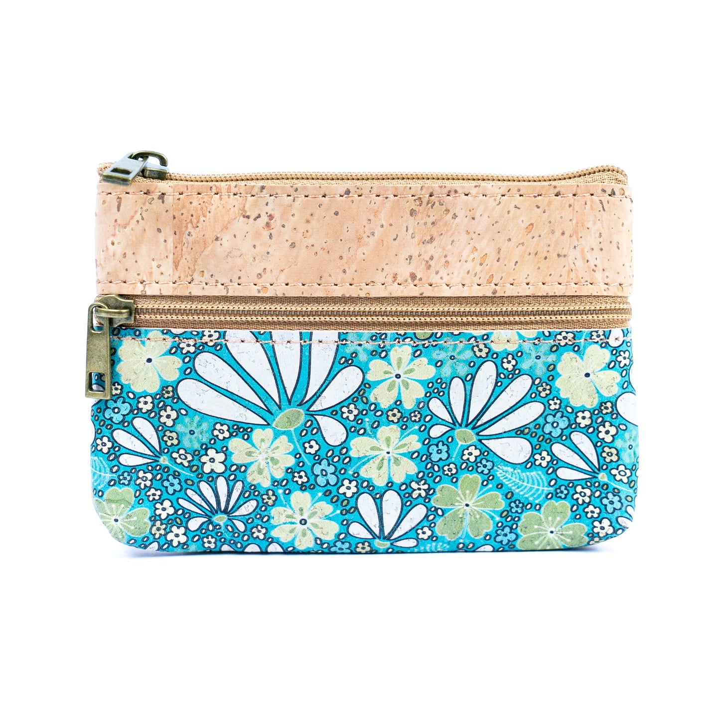 Triple Zip Printed Cork Women's Coin Purse with Floral and Mosaic Designs BAG-2325
