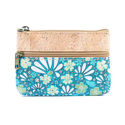 Triple Zip Printed Cork Women's Coin Purse with Floral and Mosaic Designs BAG-2325