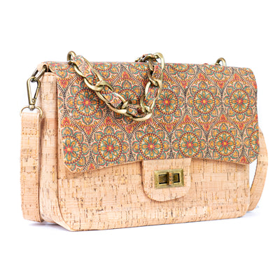 Women's Cork Shoulder Bag with Chain Accent and Button Closure BAGD-560