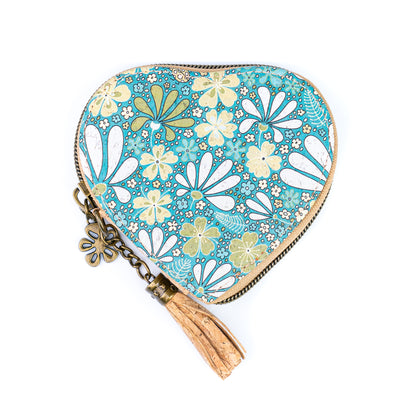 Heart-Shaped Cork Coin Purse with Tassel - Vegan Leather Alternative Zipper Pouch BAG-2370