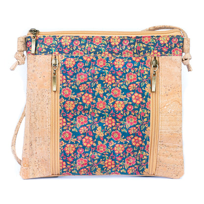 Floral White Print Cork Shoulder Bag with Zippered Pockets BAGP-019