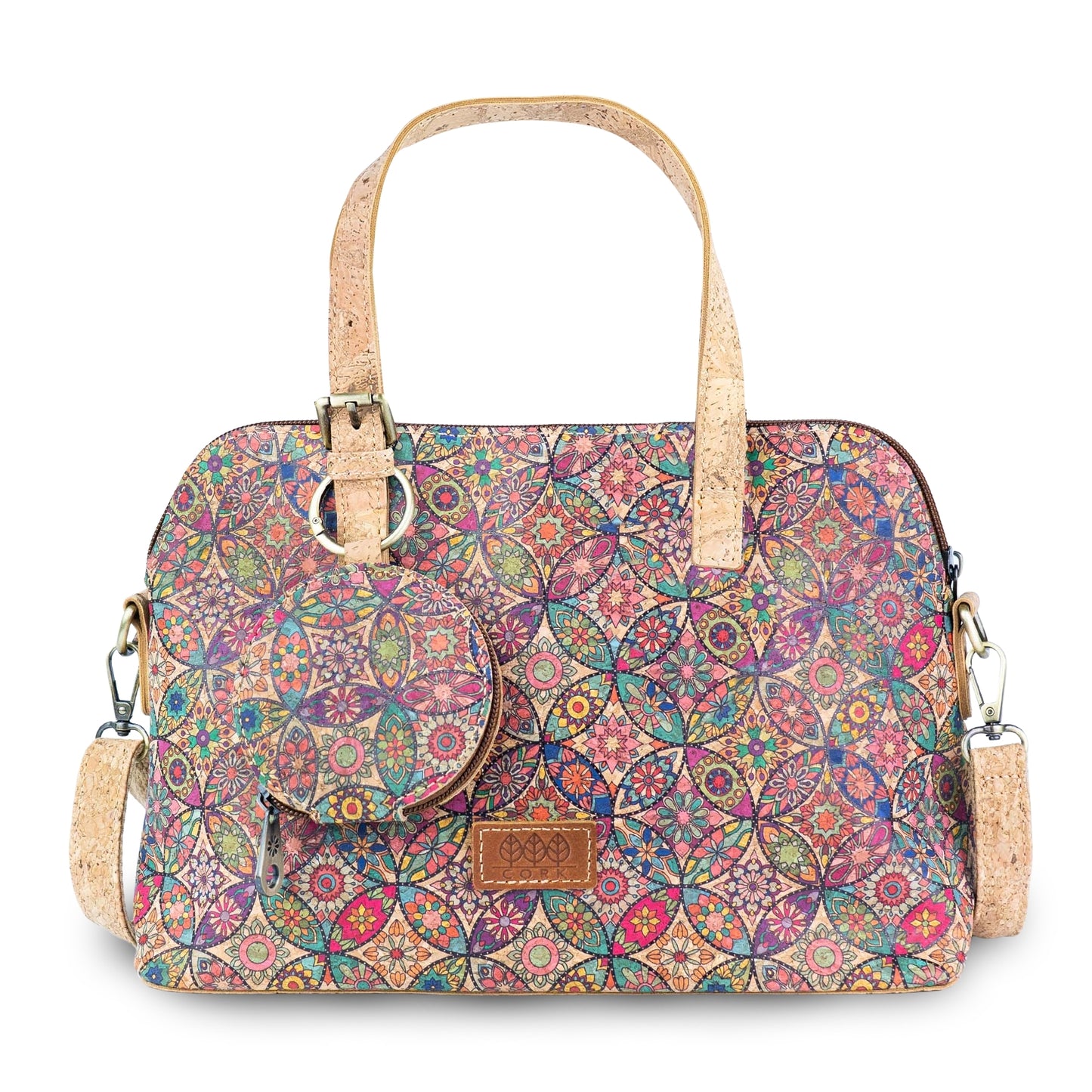 Printed Cork Handbag with Detachable Mini Zipper Purse & Shoulder Strap BAGD-667