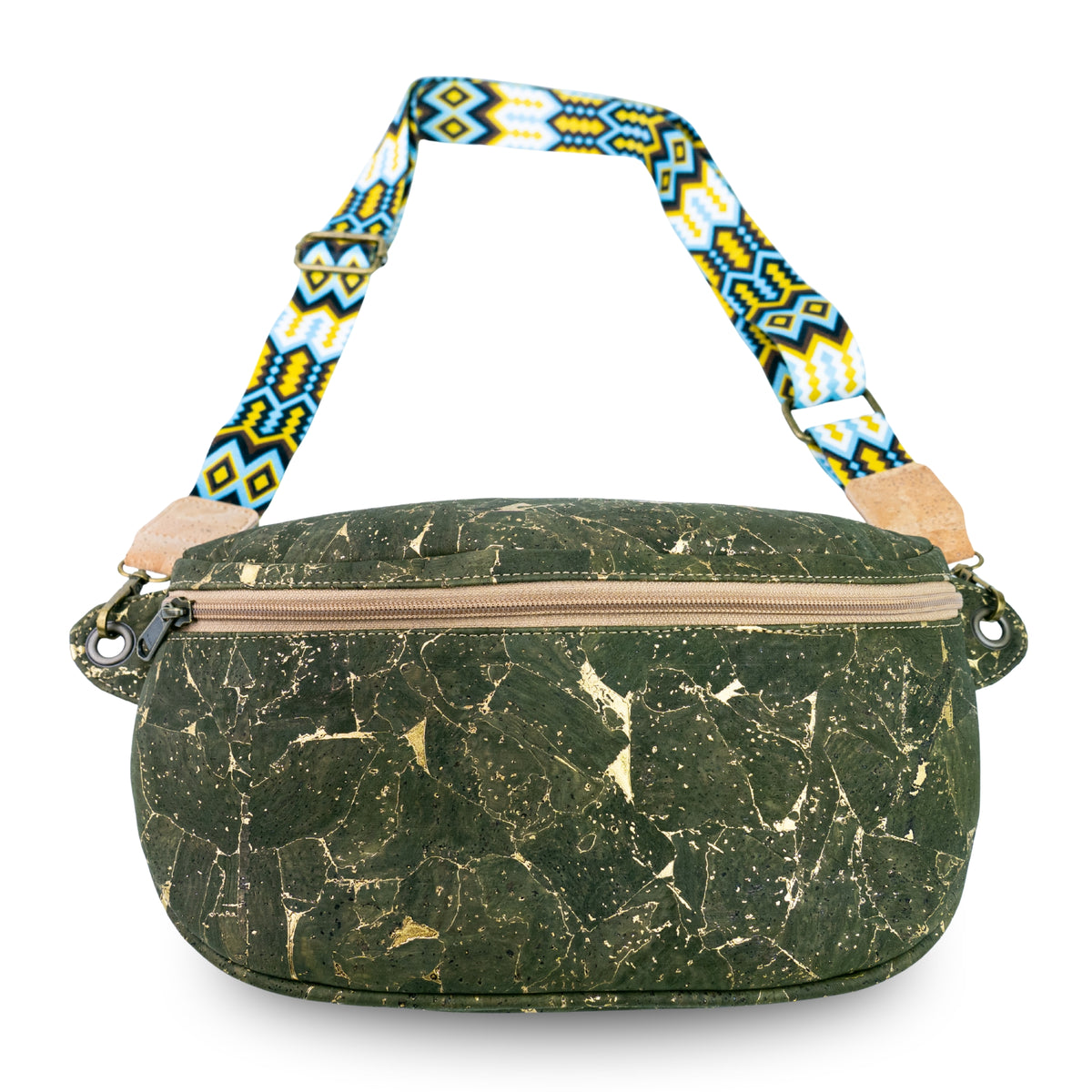 Cork Crossbody Sling Bag with Gold Accents and Patterned Strap BAGP-400