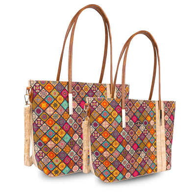 Set of 2 Printed Cork Handbags – Large & Small Tote Bag Combo BAGD-481A