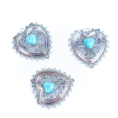 3pcs antique silver An alloy tag with a heart shape inlaid with shells or turquoise in the middle jewelry finding suppliers D-3-550