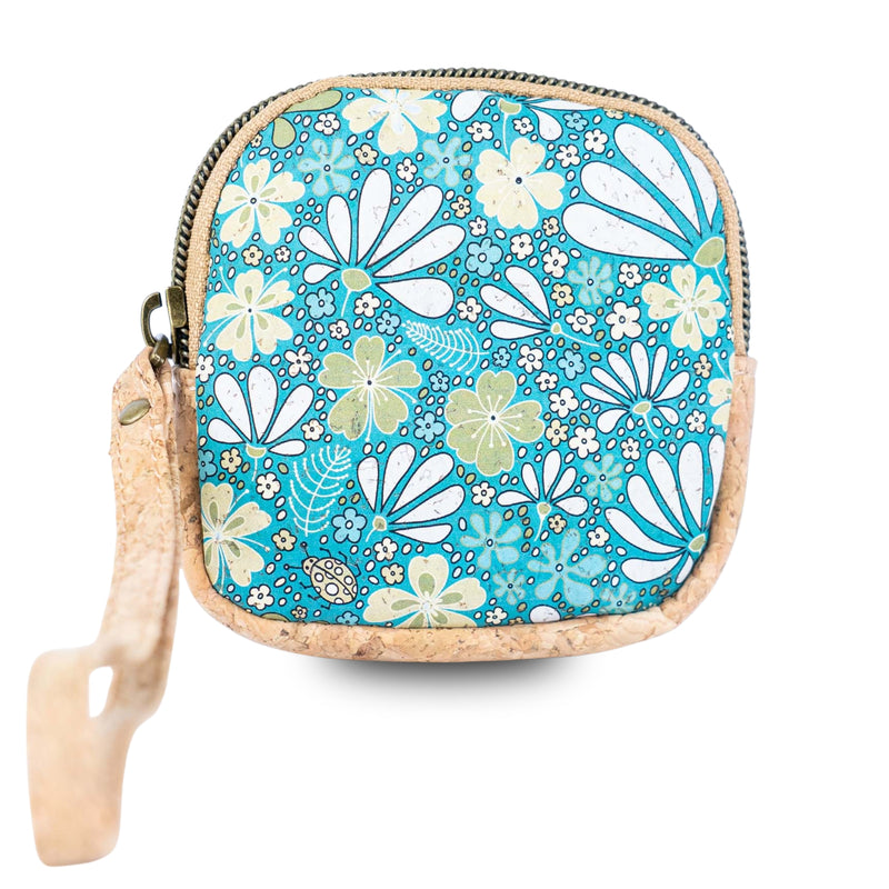Square Cork Coin Purse with Wrist Strap – Floral Pattern BAG-2377