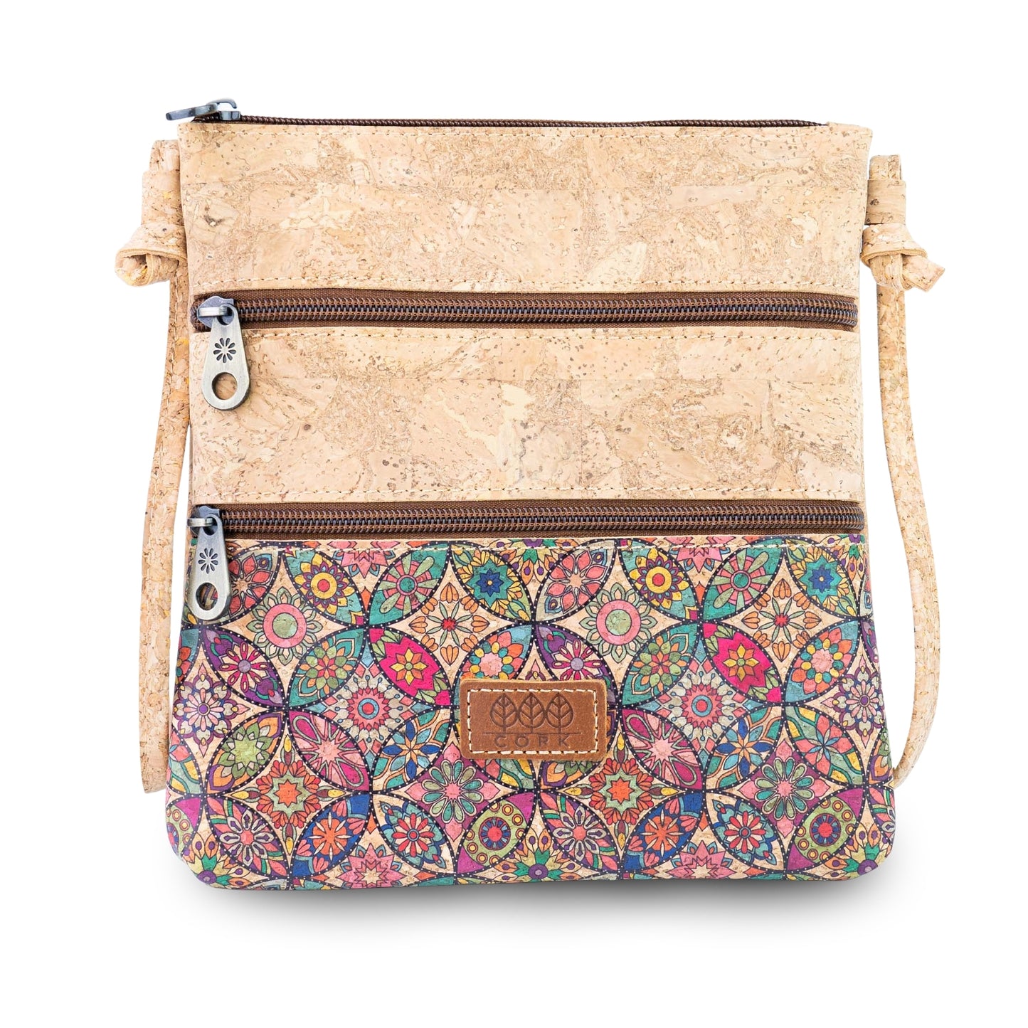 Printed Cork Crossbody Bag with Multiple Zip Compartments BAGD-656