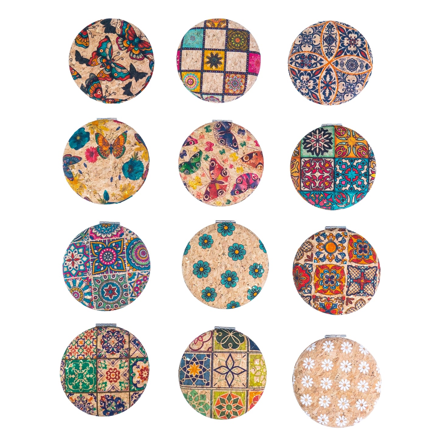 12pcs | Cork Compact Mirror Dual Mirror — Round & Heart Shape L-1194