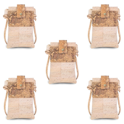 5pcs | Cork Phone Crossbody Bag | Patchwork Flap, Snap Closure & Cork Rope Strap BAGP-371