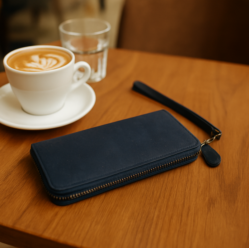 Brown Blue and black women cork card wallet with hand strap BAG-2206