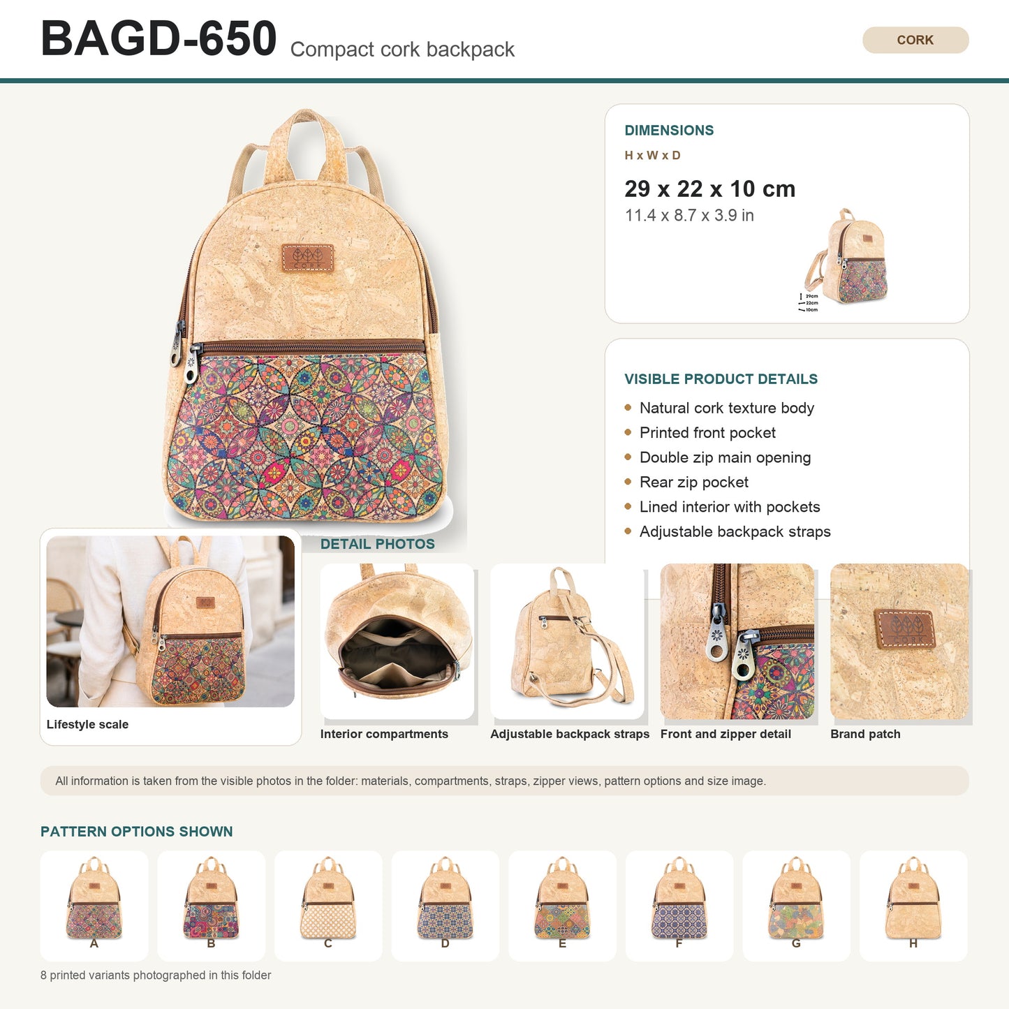 Cork Backpack with Front Zip Pocket – Adjustable Straps BAGD-650