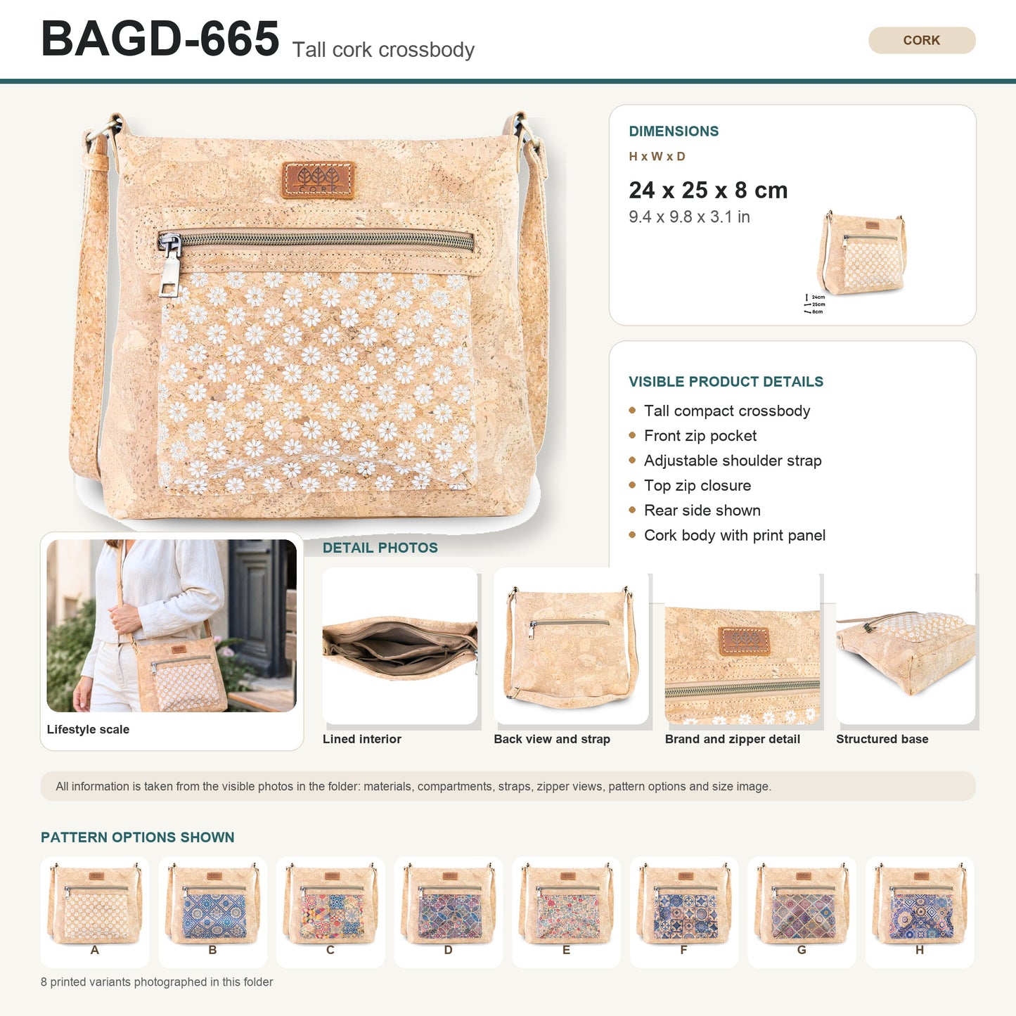 Printed Cork Crossbody Bag with Multiple Zipper Pockets BAGD-665