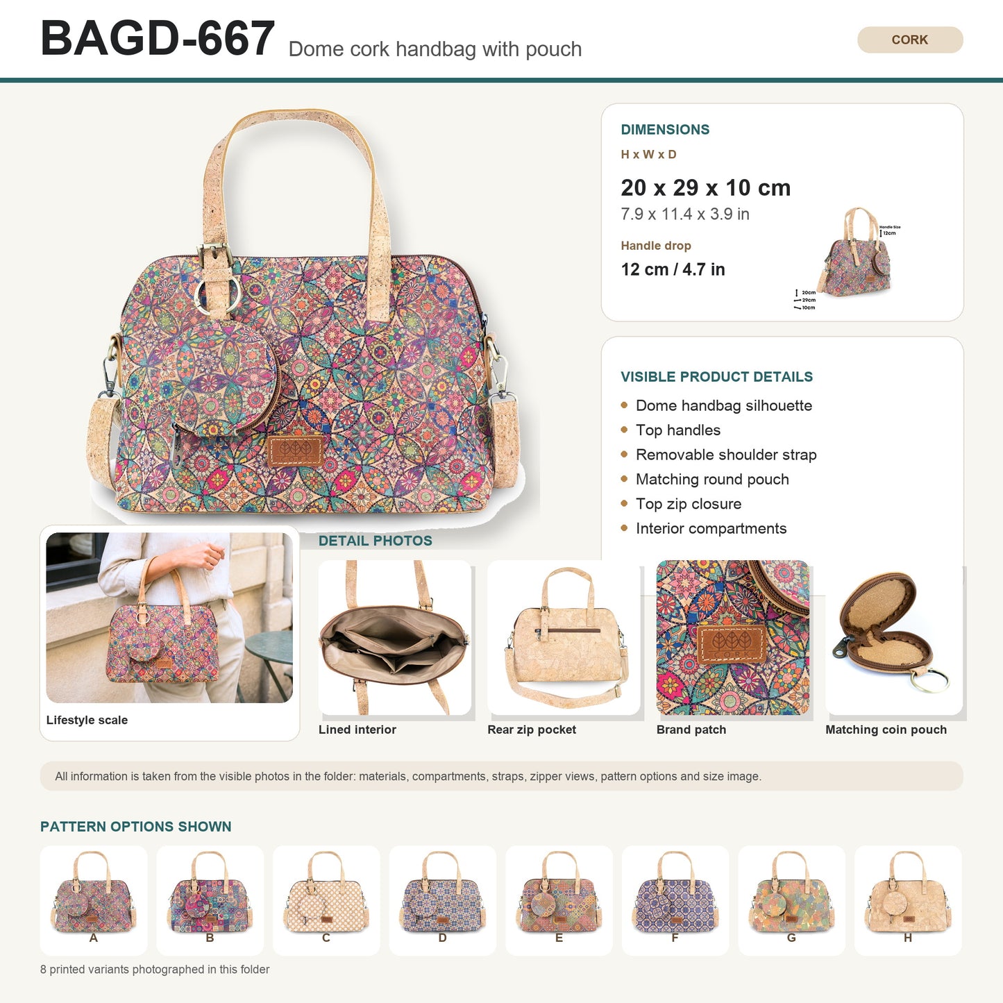 Printed Cork Handbag with Detachable Mini Zipper Purse & Shoulder Strap BAGD-667