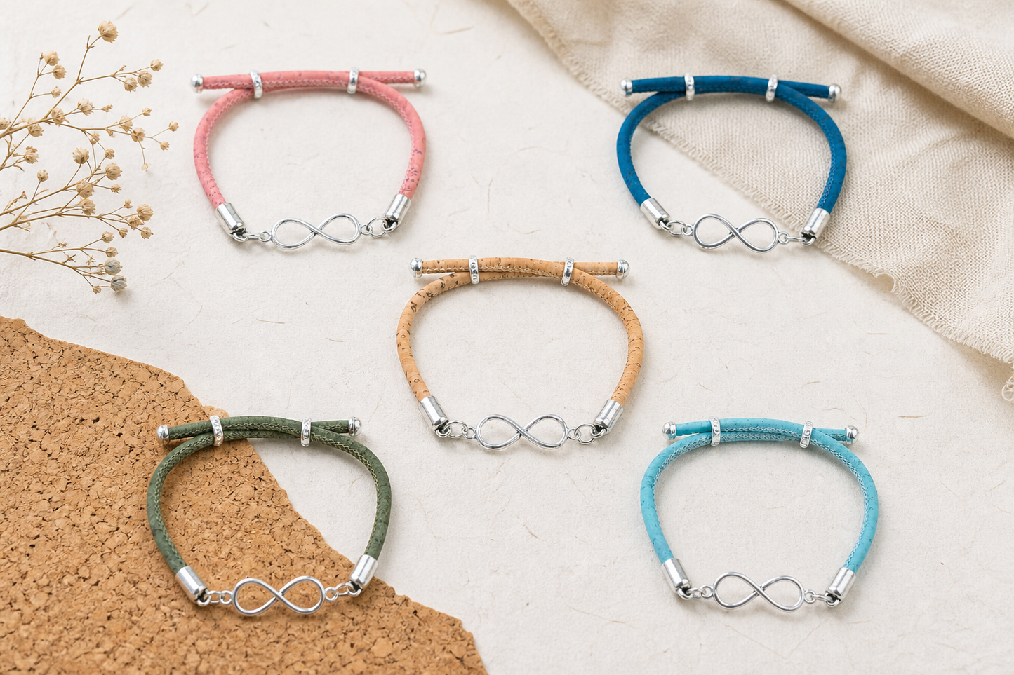 Mixed Color 3mm Natural Cork Infinity Bracelets – Handmade in Portugal BR-231-MIX-5