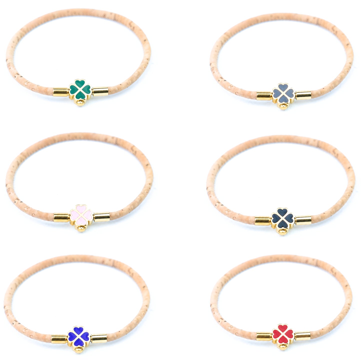 Handmade 3mm Natural Cork Bracelet with Stainless Steel Clover Clasp BR-416-A/B-MIX-6