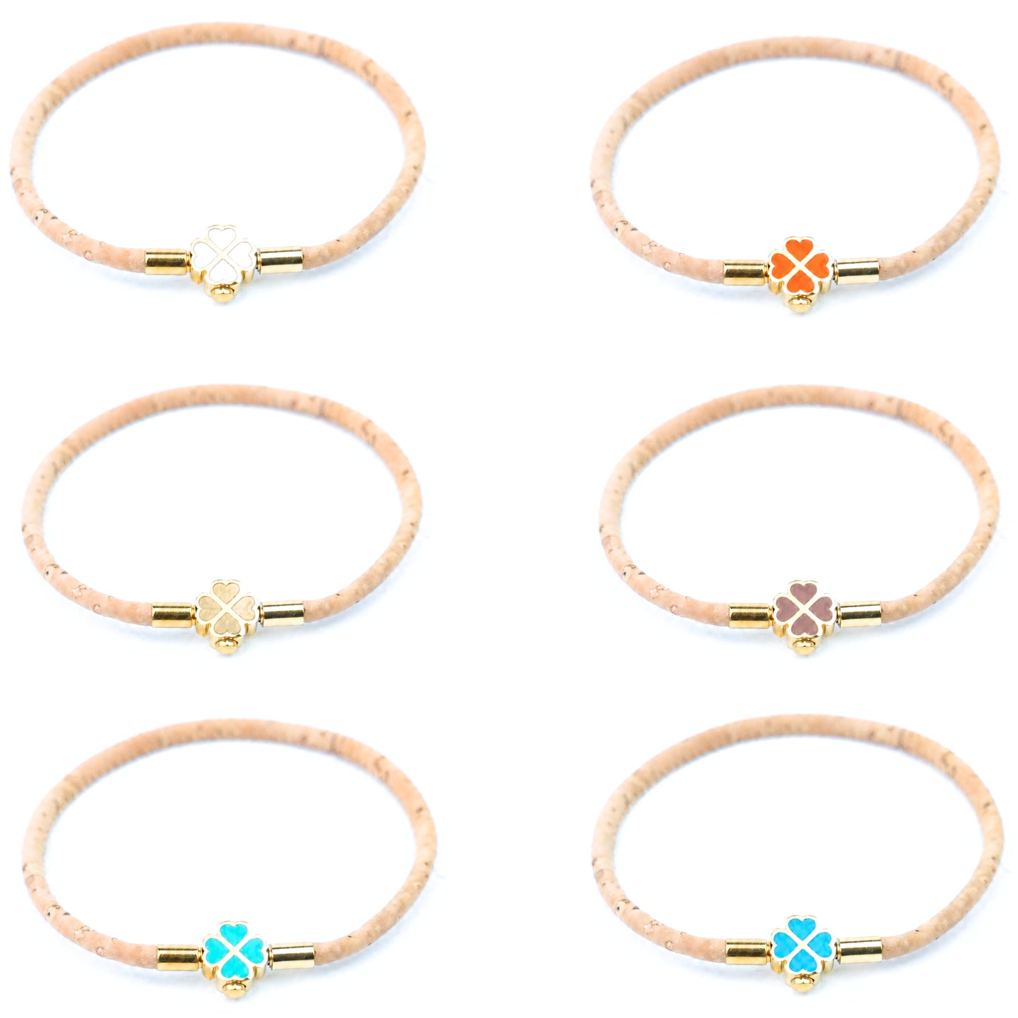 Handmade 3mm Natural Cork Bracelet with Stainless Steel Clover Clasp BR-416-A/B-MIX-6