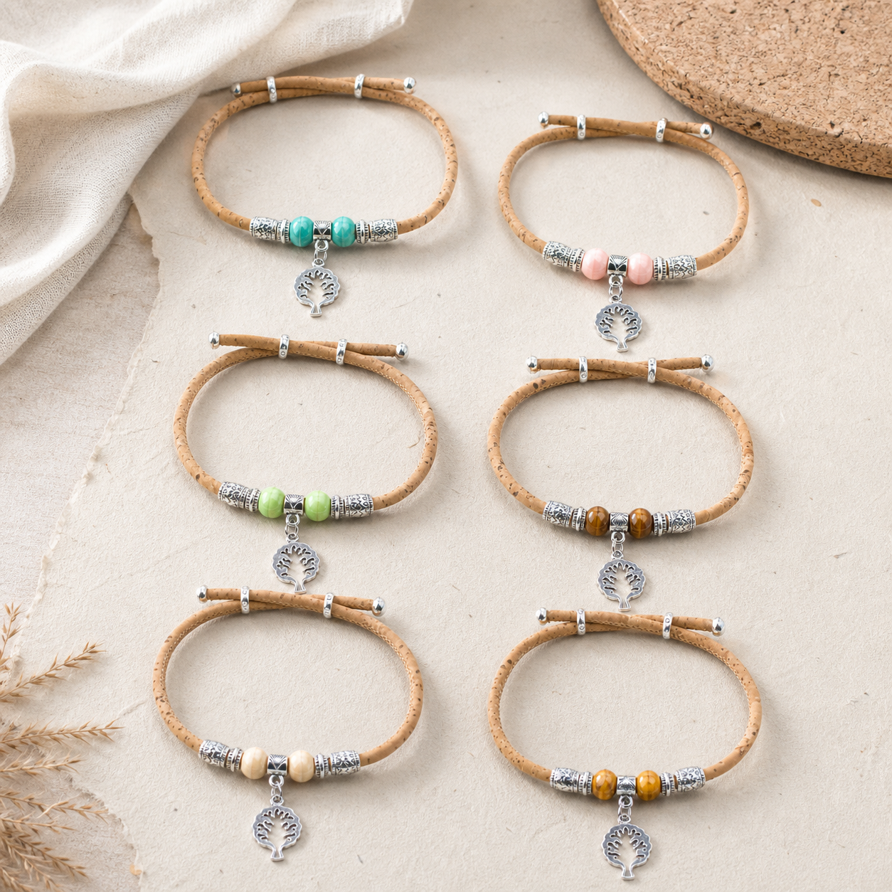 Natural Cork Tree of Life Bracelets – 6 Fixed Colors – Handmade in Portugal，BR-493-MIX-6